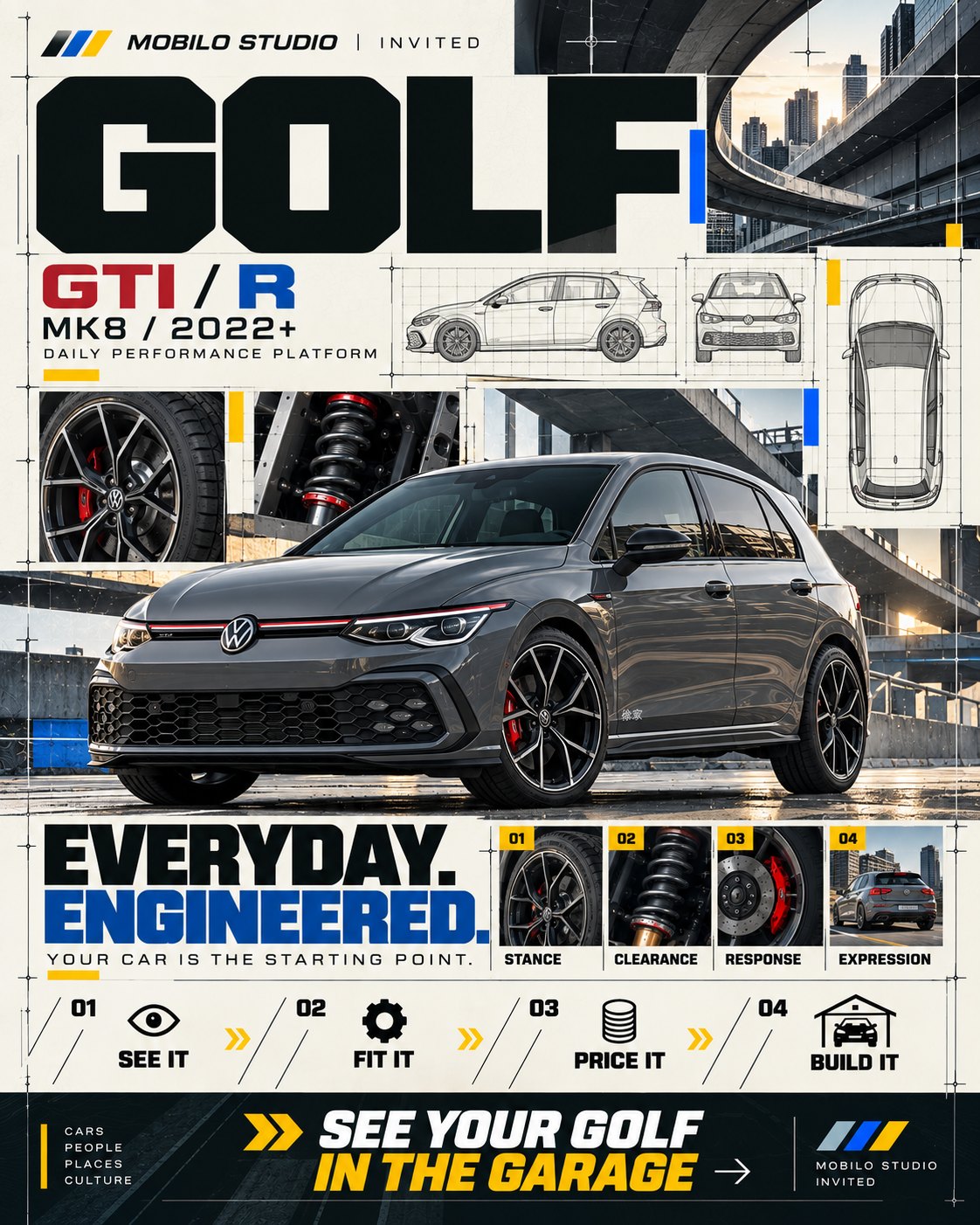 Mobilo invitation poster, Volkswagen Golf GTI and Golf R