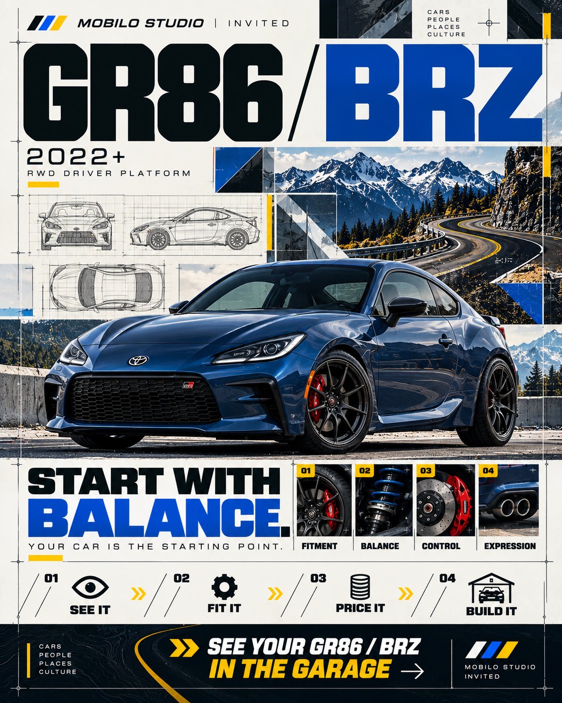 Mobilo invitation poster, Toyota GR86 and Subaru BRZ