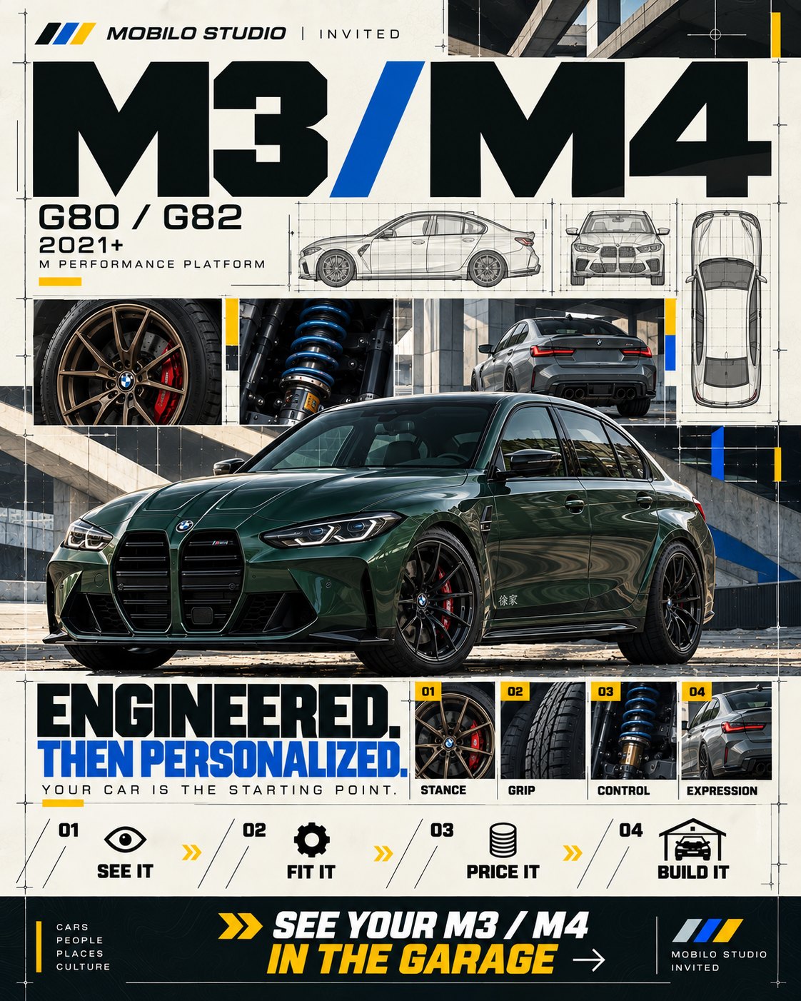 Mobilo invitation poster, BMW M3 and M4